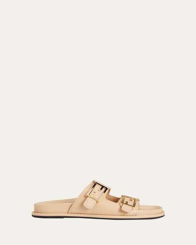 F Buckle Leather Slide Sandals