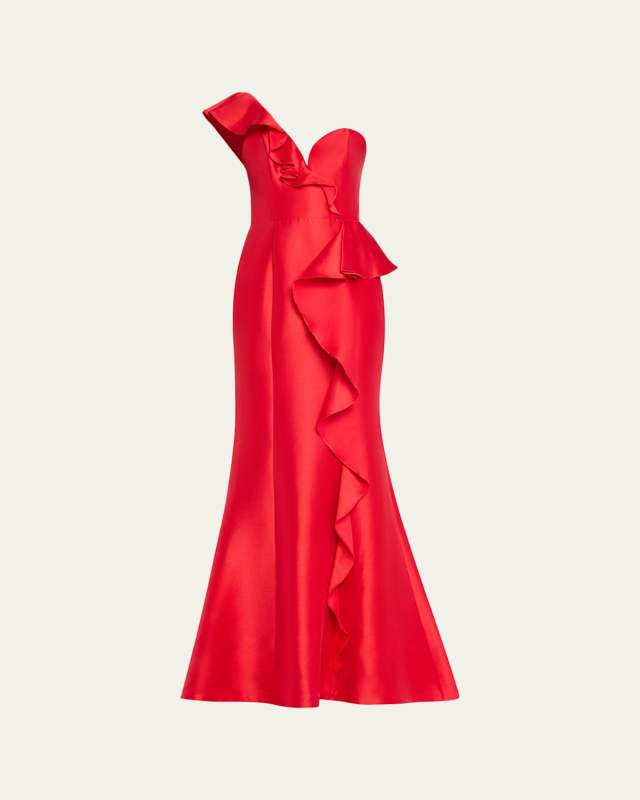One-Shoulder Ruffle Trumpet Gown