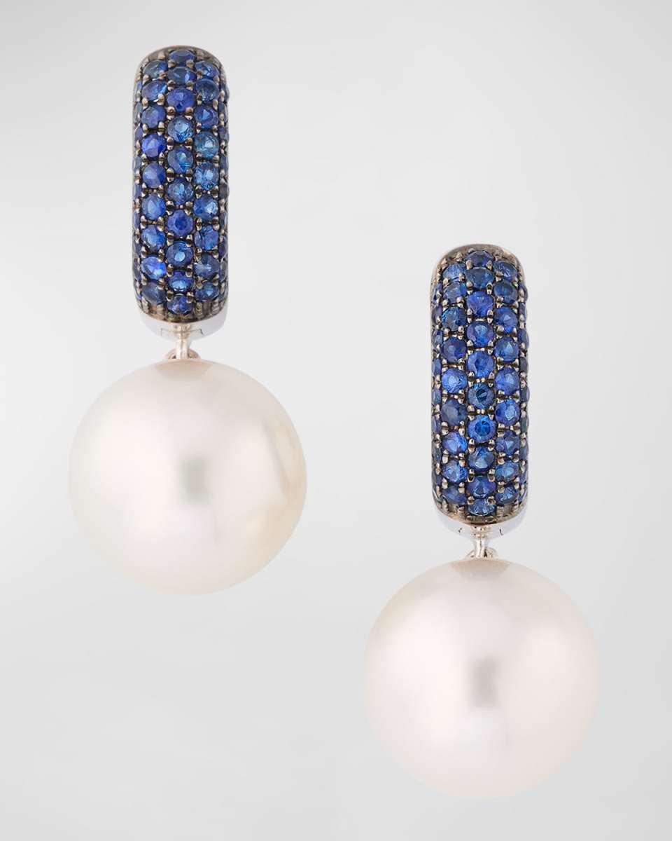 18K White Gold Blue Sapphire and 12.8mm Pearl Earrings
