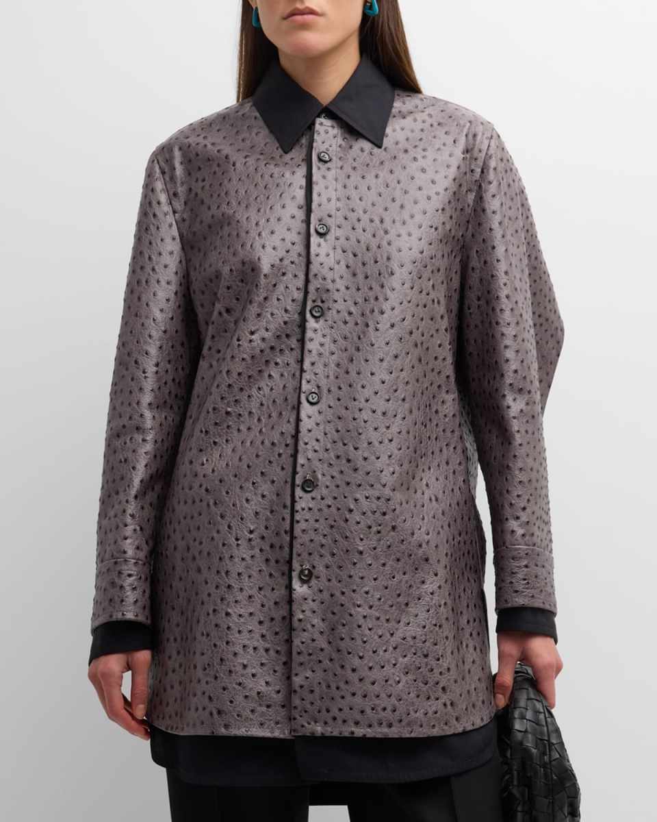 Embossed Ostrich Leather Layered Mini Shirtdress