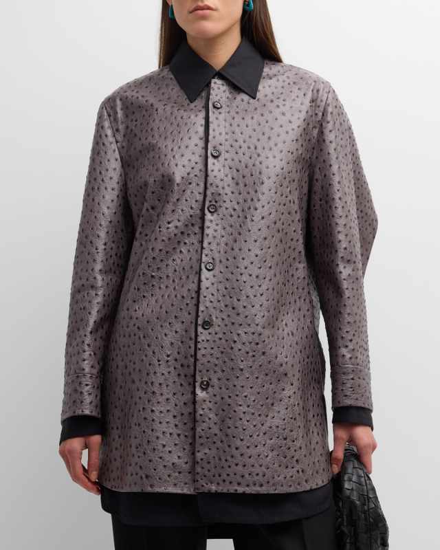 Embossed Ostrich Leather Layered Mini Shirtdress