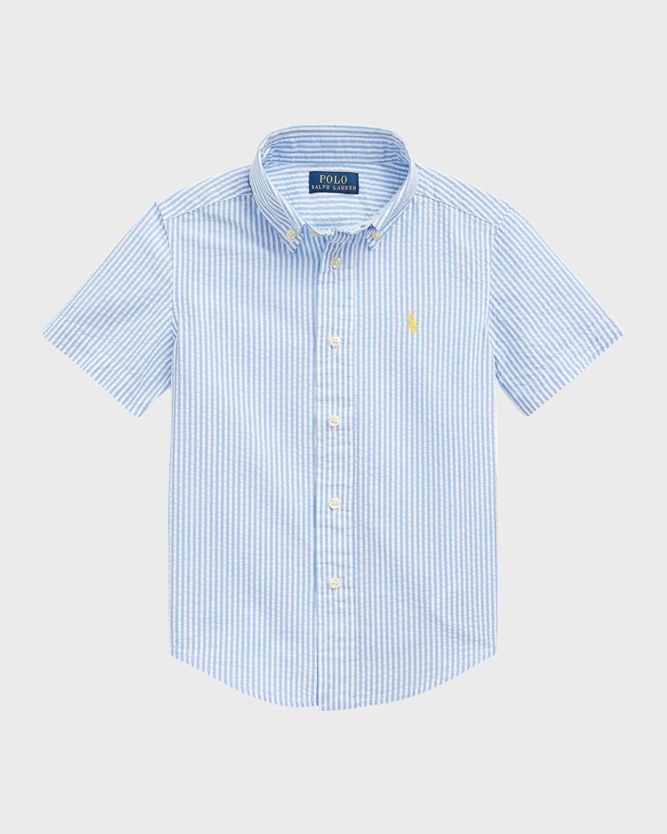 Boy's Striped Seersucker Short-Sleeve Shirt, Size 5-7