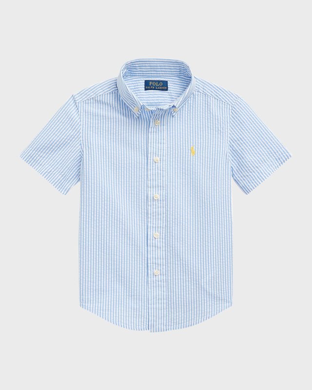Boy's Striped Seersucker Short-Sleeve Shirt, Size 5-7