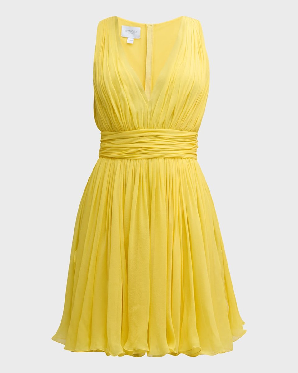 Plunging Pleated Sleeveless Silk Georgette Mini Dress