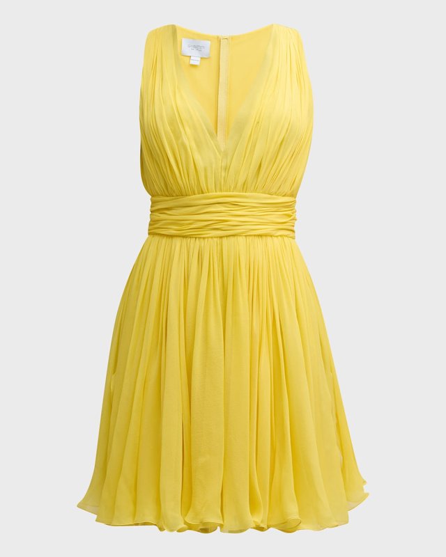 Plunging Pleated Sleeveless Silk Georgette Mini Dress