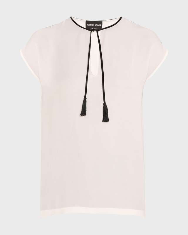 Silk Georgette Short Blouse with Tie Neck Detail