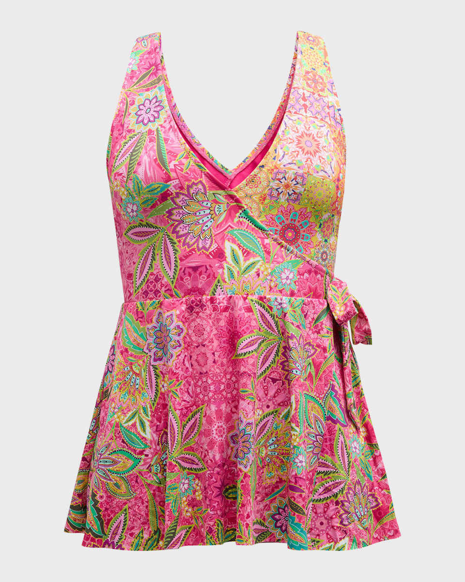 Flamingo and Kaleida Wrap Skirted One-Piece Swimsuit