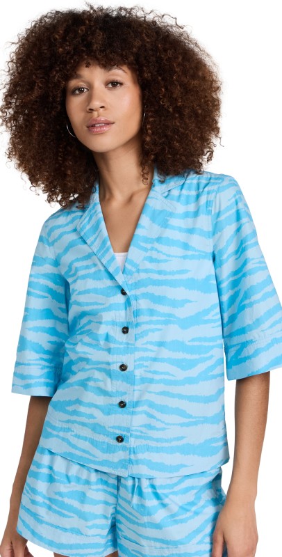GANNI Printed Cotton Shirt Ethereal Blue