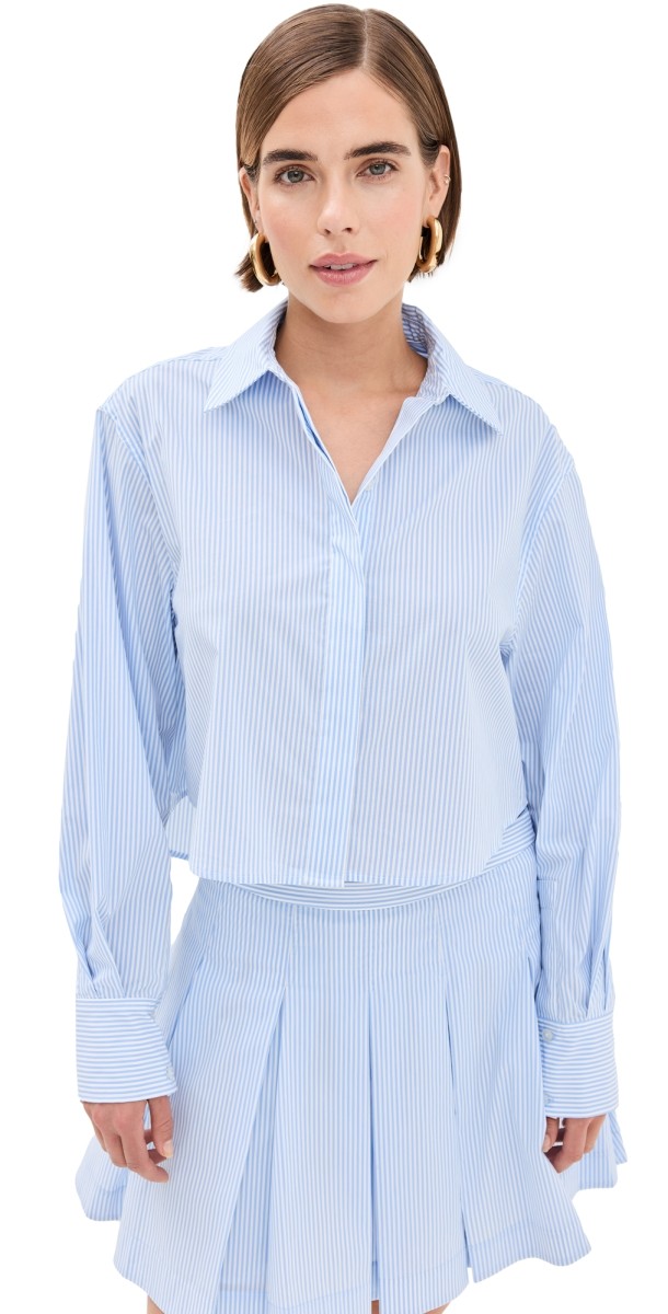 SIMKHAI Renata Cropped Button Down Shirt Classic Blue Stripe