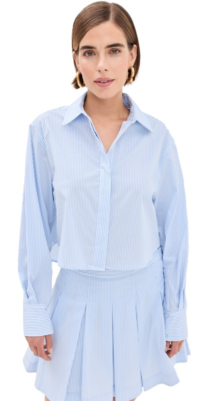 SIMKHAI Renata Cropped Button Down Shirt Classic Blue Stripe