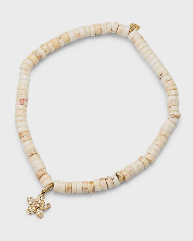 Small Diamond Plumeria Charm and White Turquoise Heishi Bracelet