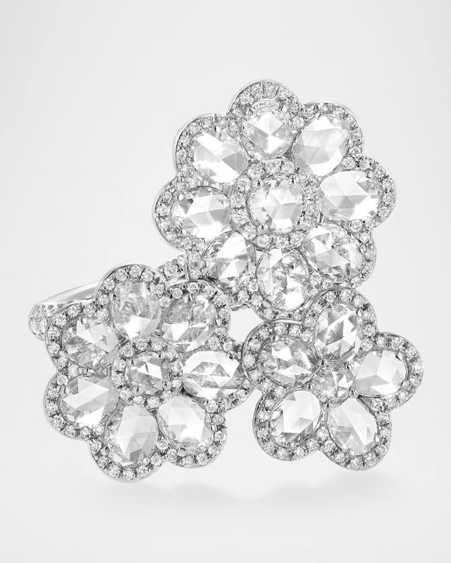 Floral 18K White Gold 3-Flower Diamond Ring, Size 5.75