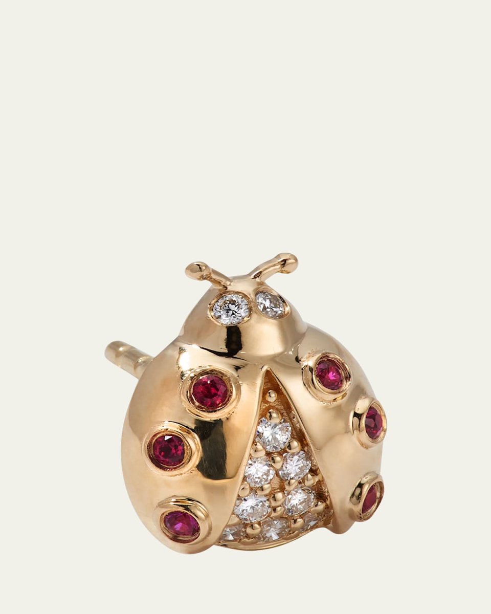 14k Gold Ruby Diamond Ladybug Single Stud Earring
