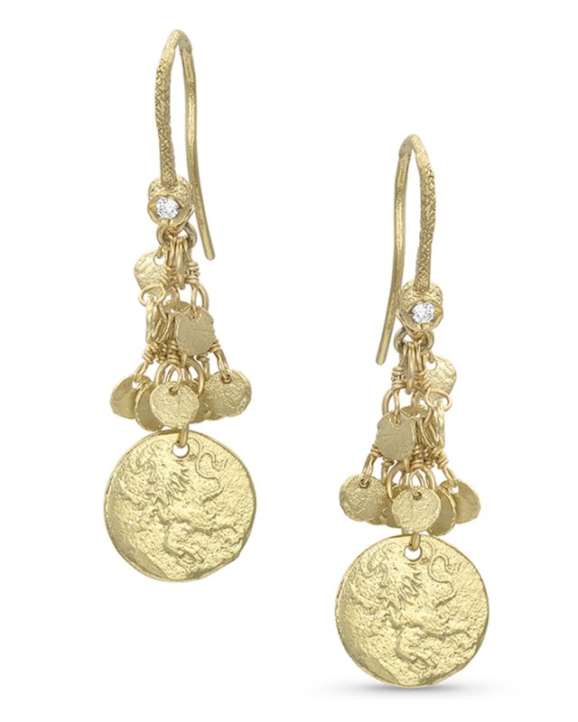 18k Yellow Gold Griffin Coin Classic Fringe Earrings