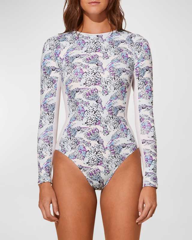 Isadora Fish-Print Rashguard One-Piece Swimsuit