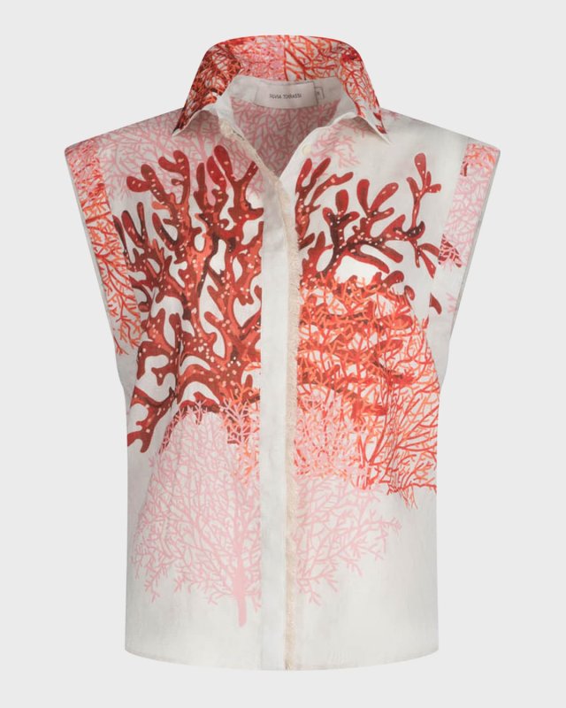 Rina Coral-Print Sleeveless Linen Blous