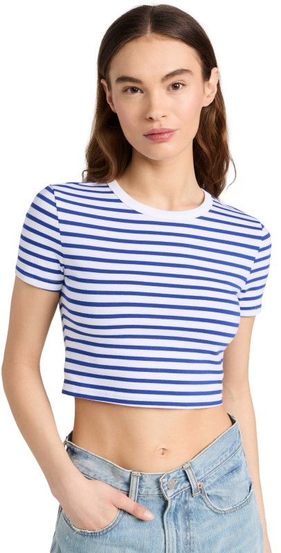 Denimist Cropped Baby Tee White w/ Royal Blue Stripe