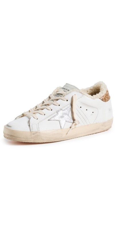 Golden Goose Super-Star Sneakers with Stitching and Laminated Star WHITE/ICE/SILVER/TOBACCO
