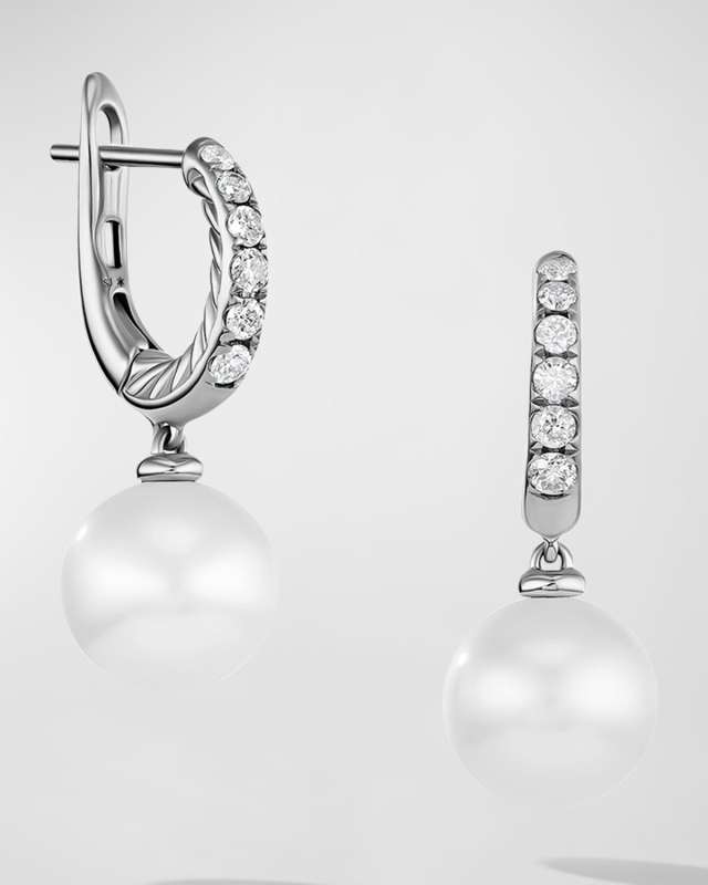 Pearl and Pave Drop Earrings with Diamonds in Silver, 9mm, 0.6"L