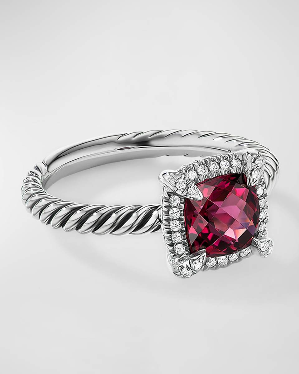 7mm Petite Chatelaine Pave Bezel Ring with Gemstone and Diamonds in Silver