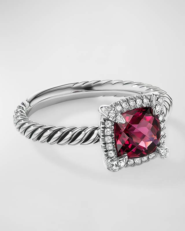 7mm Petite Chatelaine Pave Bezel Ring with Gemstone and Diamonds in Silver