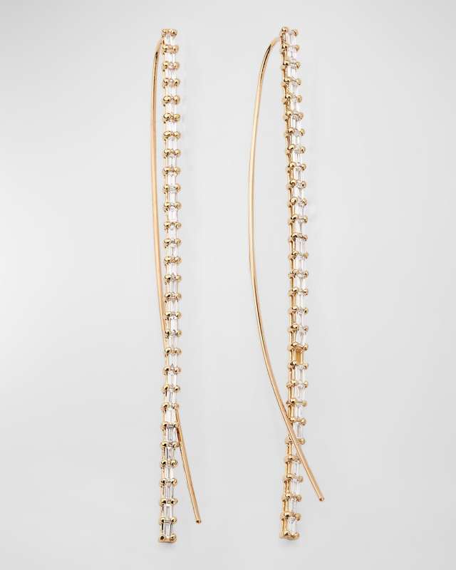 14K Gold Baguette Diamond Narrow Upside-Down Threader Hoop Earrings