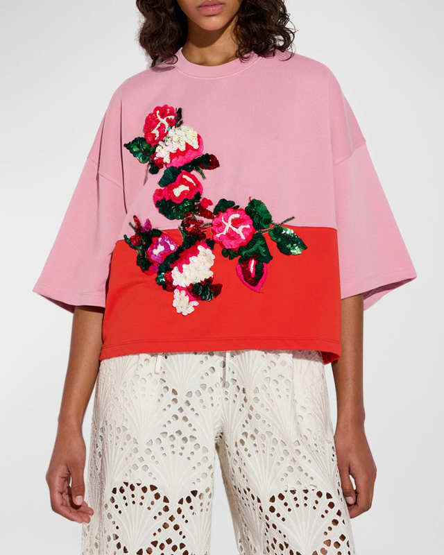 Festi Floral Sequin Embroidered Short-Sleeve Sweatshirt