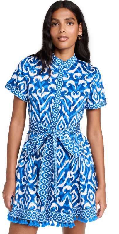 alice + olivia Lucy Roll Sleeve Mini Shirtdress Artisan Ikat French Blue