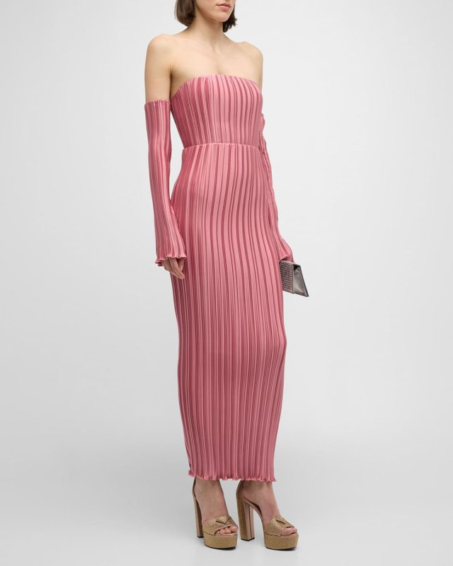 Gatsby Pleated Strapless Cold-Shoulder Gown