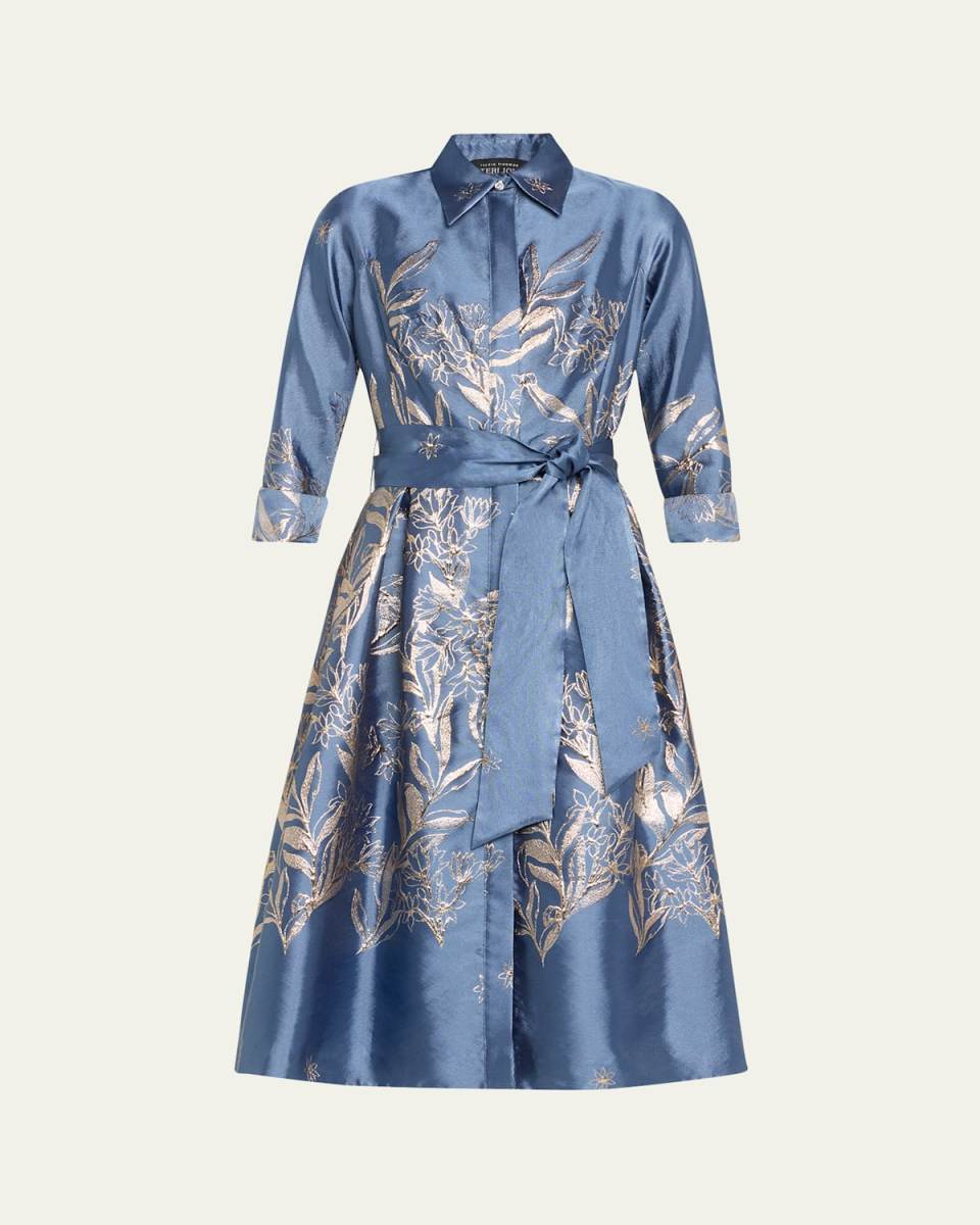 Tie-Waist Metallic Jacquard Midi Shirtdress