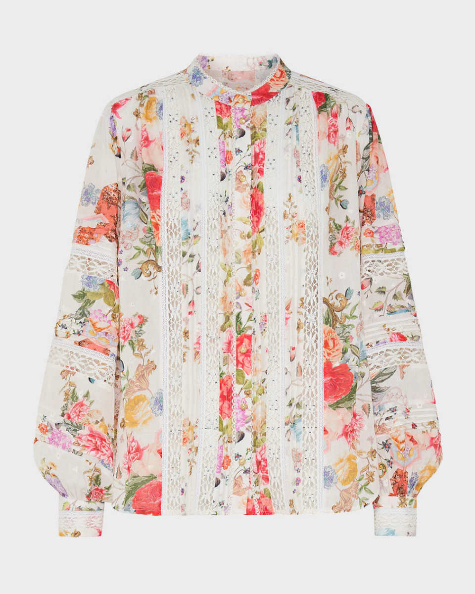 Lace-Trim Floral Cotton Blouson-Sleeve Blous