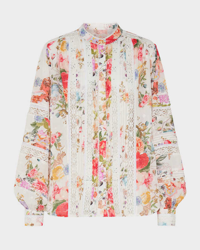 Lace-Trim Floral Cotton Blouson-Sleeve Blous