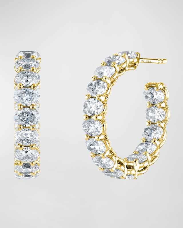 18K Gold East-West Oval-Cut Diamond Hoop Earrings, 4.4tcw/0.75"L