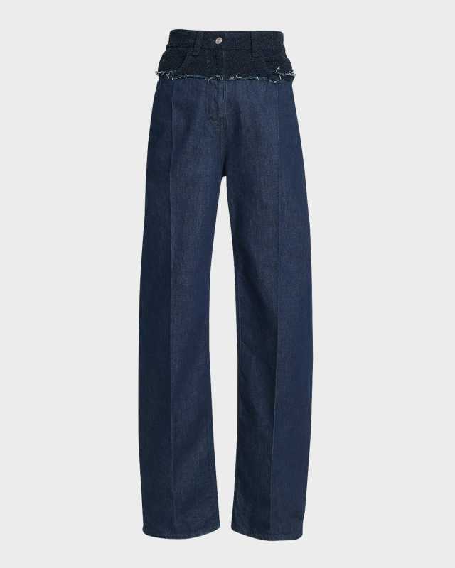 Mixed-Media Boucle Denim Straight-Leg Jeans