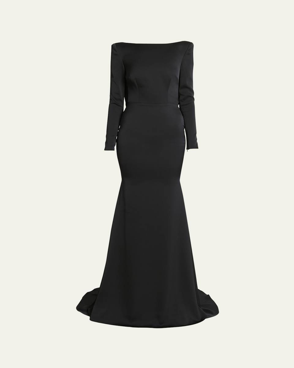Draped Backless Long-Sleeve Trumpet Satin Gown
