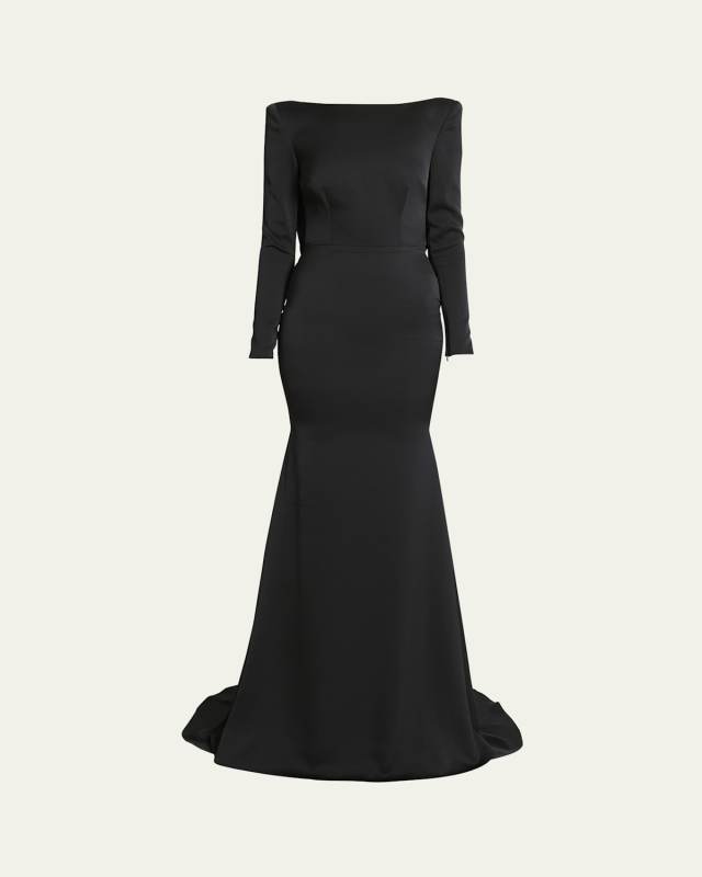 Draped Backless Long-Sleeve Trumpet Satin Gown