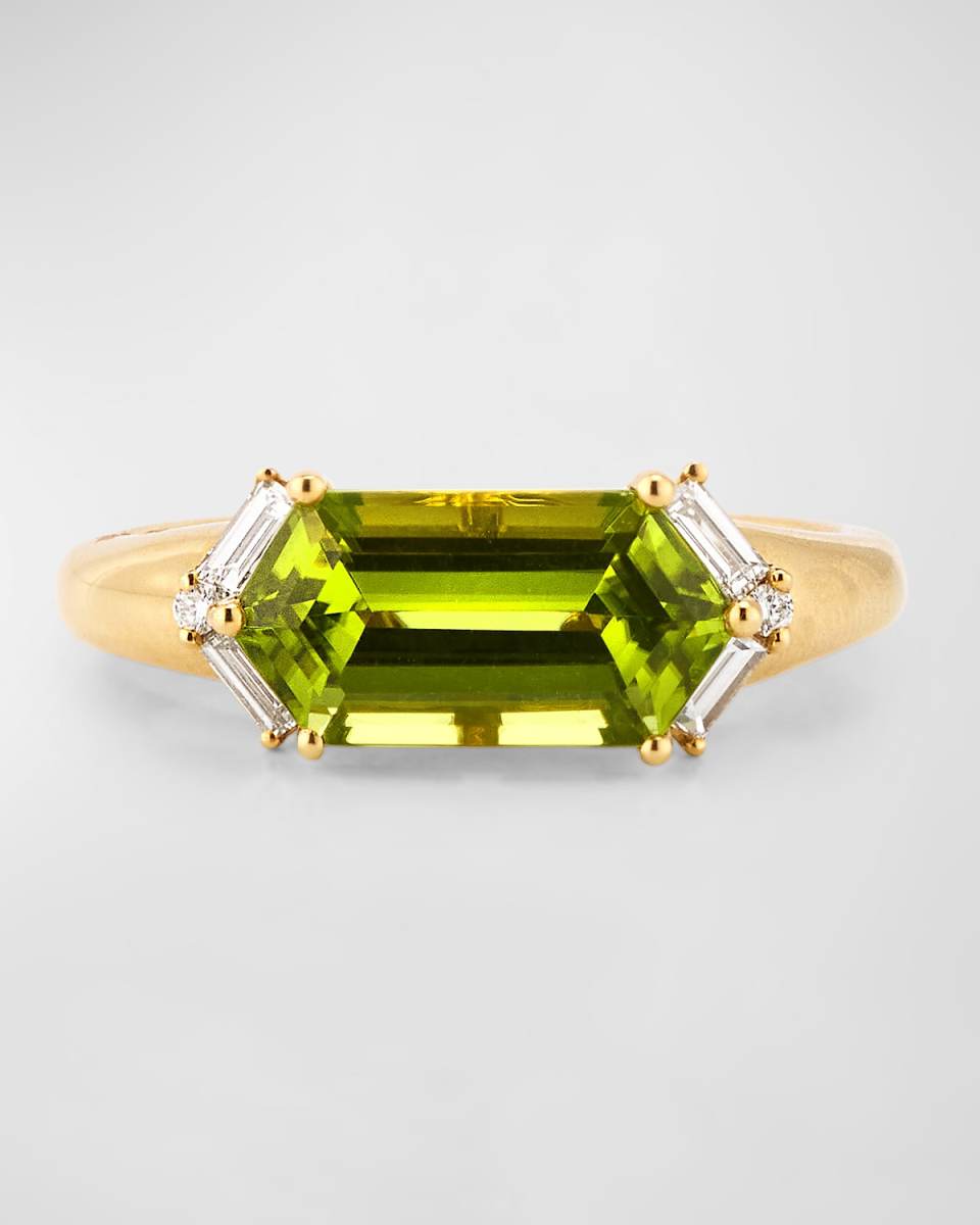 Rocks 18K Yellow Gold Elongated Hexagon Peridot and Baguette Diamond Accent Ring, Size 6