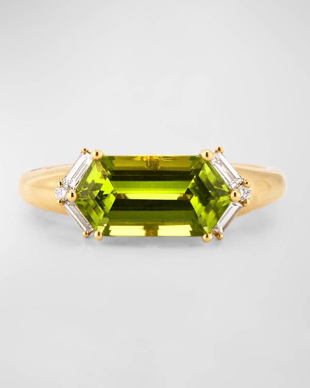 Rocks 18K Yellow Gold Elongated Hexagon Peridot and Baguette Diamond Accent Ring, Size 6