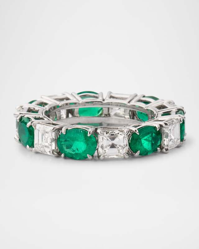 Platinum Emerald and Diamond Eternity Band Ring, Size