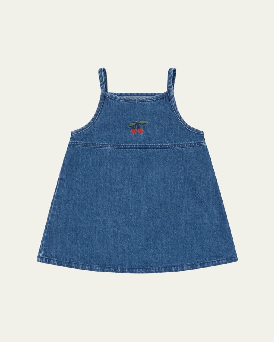 Girl's Magot Denim Dress W/ Embroidered Cherry, Size 18M