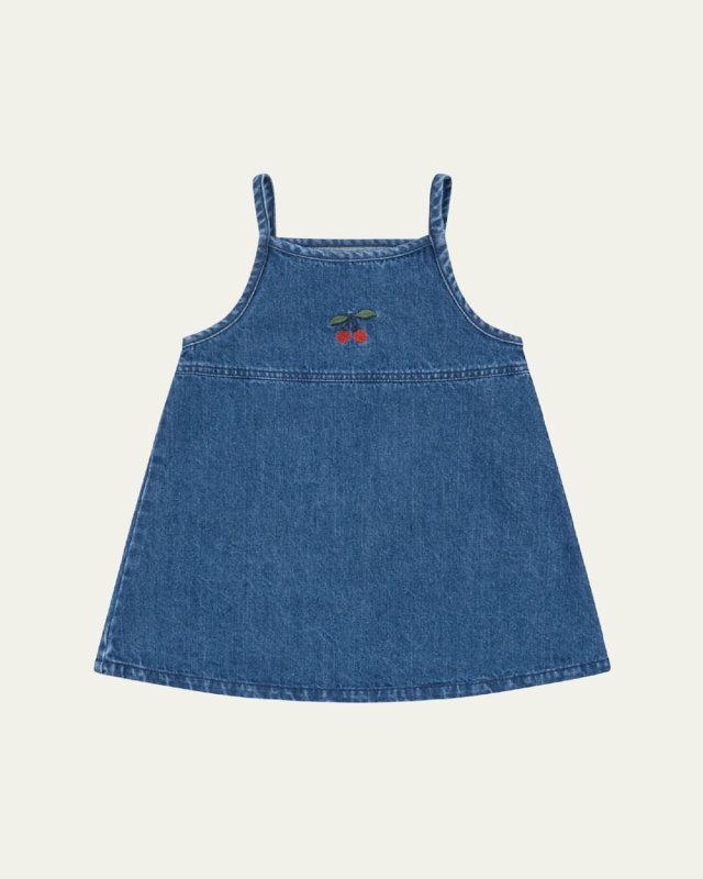 Girl's Magot Denim Dress W/ Embroidered Cherry, Size 18M