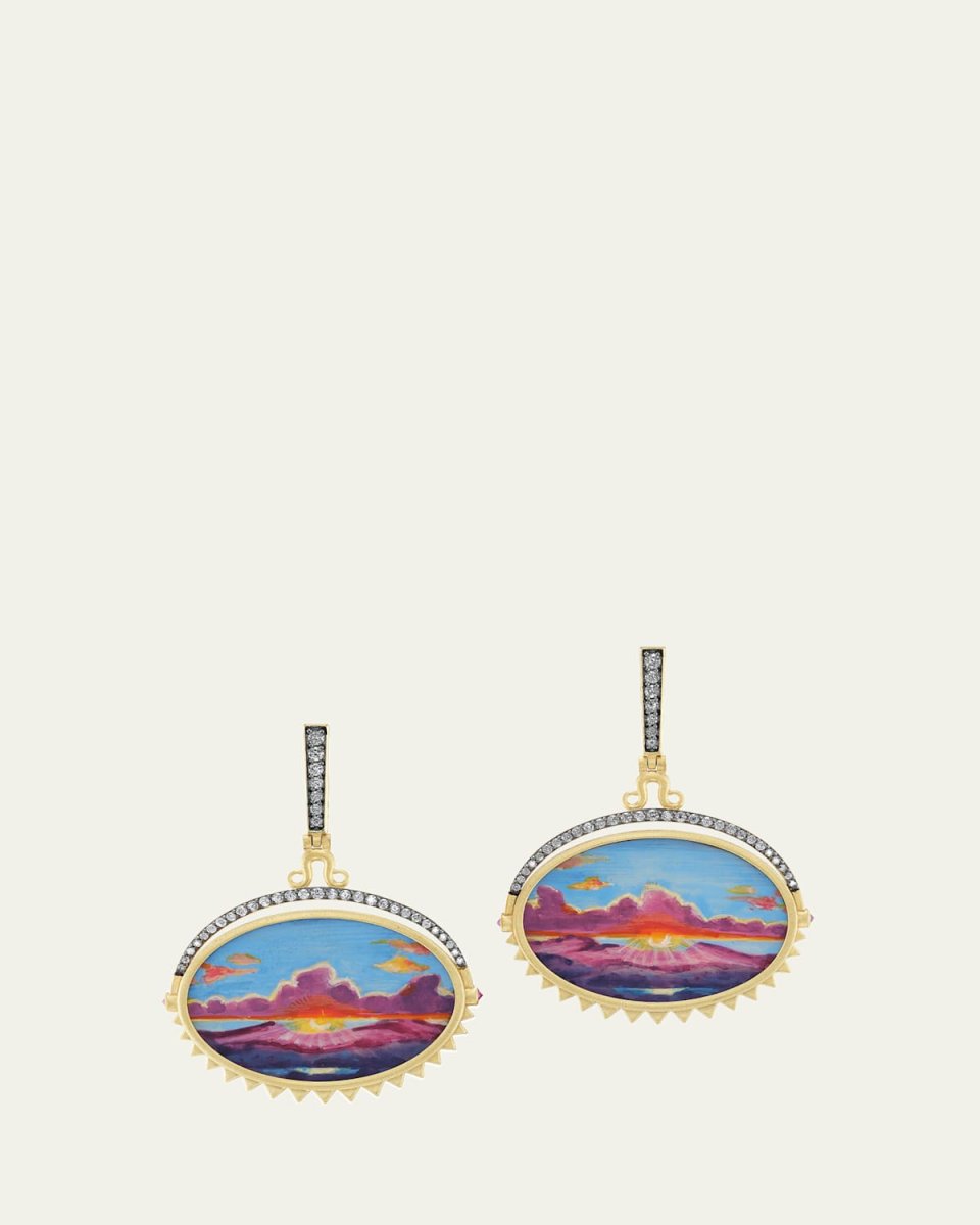18K Yellow Gold Mini Dusk Sunset Painting Earrings with Ruby and Diamonds