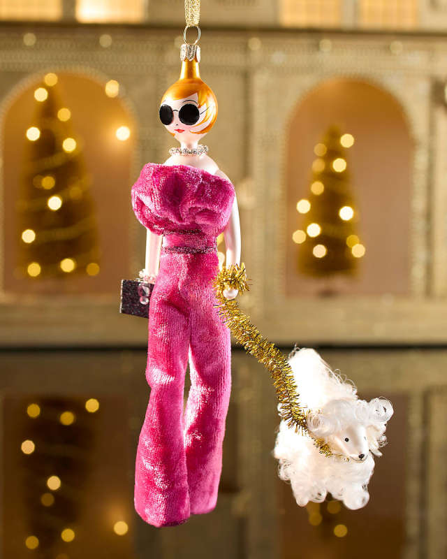 Fashionista in Pink Jumpsuit with Dog Christmas Ornament