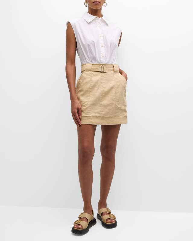 Jensen Belted Combo Button-Front Utility Mini Dress