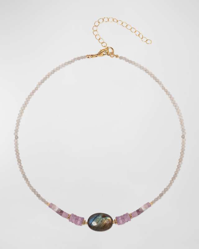 Beaded Labradorite, Lepidolite and Amethyst Necklace