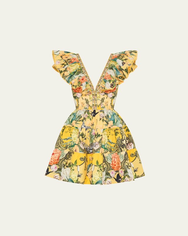 Tiered Neck Frill Floral Cotton Mini Dress