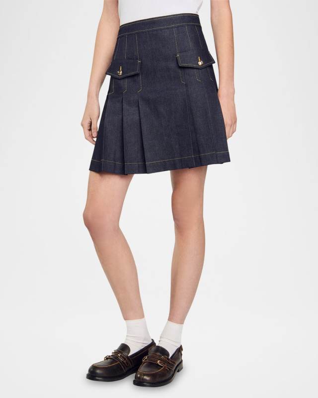 Officer Pleated Raw Denim Mini Skirt