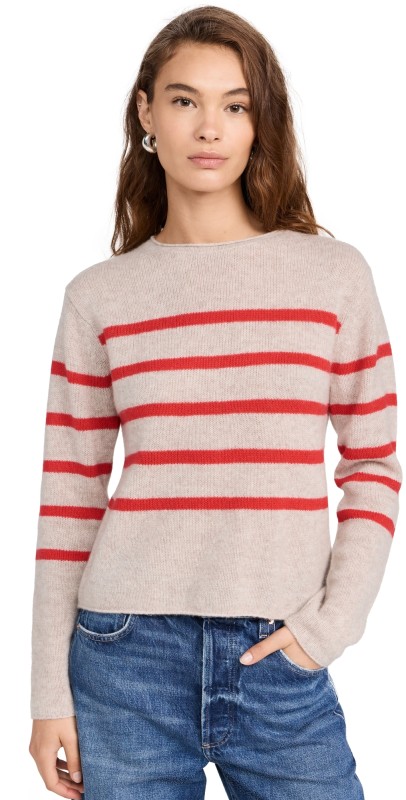 White + Warren Cashmere Featherweight Roll Trim Crew Sweater Sandwisp/Scarlet