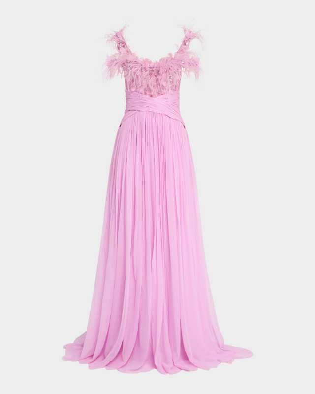 Feather Embroidered Off-The-Shoulder Chiffon Gown