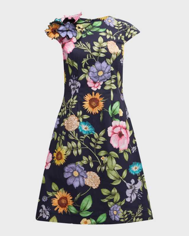 Floral-Print Beaded Applique Dress